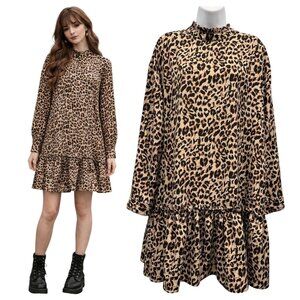 ASOS Leopard Print Mini Dress Mock Neck Long Sleeve Ruffle Hem Mob Wife Boho 8